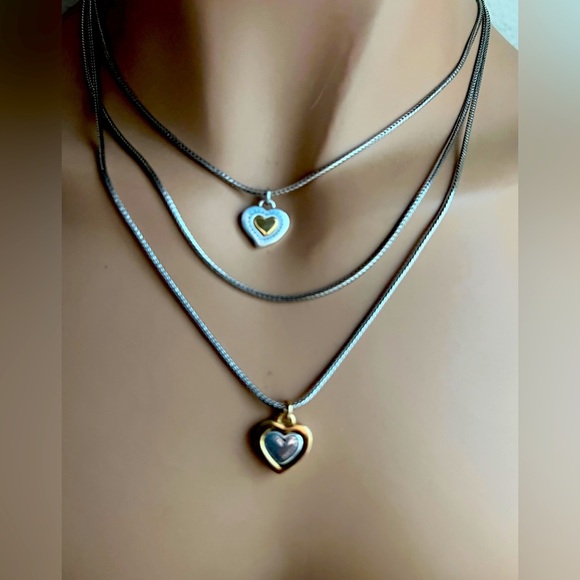 BRIGHTON RENDEZVOUS HEART Silver Gold 2 Tones TRIPLE Chains  NECKLACE - Picture 6 of 7